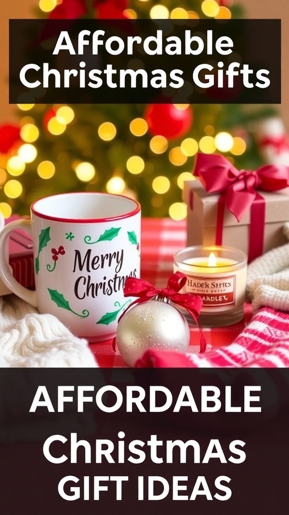 A variety of budget-friendly Christmas gifts including a mug, candle, ornament, and socks on a festive table.